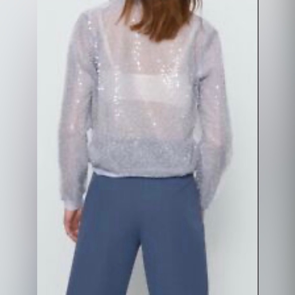 Zara Silver Sequin Sheer Long-Sleeve Top, Brand New, No Sticker - Picture 2 of 7